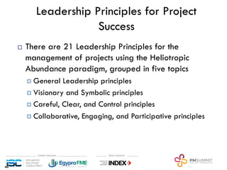 Leadership Principles for Project
Success
¨ There are 21 Leadership Principles for the
management of projects using the Heliotropic
Abundance paradigm, grouped in five topics
¤ General Leadership principles
¤ Visionary and Symbolic principles
¤ Careful, Clear, and Control principles
¤ Collaborative, Engaging, and Participative principles
40
 