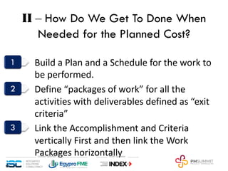 II ‒ How Do We Get To Done When
Needed for the Planned Cost?
Build a Plan and a Schedule for the work to
be performed.
Define “packages of work” for all the
activities with deliverables defined as “exit
criteria”
Link the Accomplishment and Criteria
vertically First and then link the Work
Packages horizontally
9
 