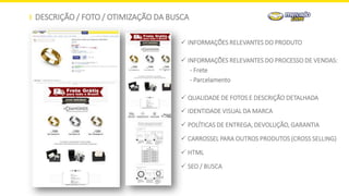 DESCRIÇÃO / FOTO / OTIMIZAÇÃO DA BUSCA
 INFORMAÇÕES RELEVANTES DO PRODUTO
 INFORMAÇÕES RELEVANTES DO PROCESSO DE VENDAS:
- Frete
- Parcelamento
 QUALIDADE DE FOTOS E DESCRIÇÃO DETALHADA
 IDENTIDADE VISUAL DA MARCA
 POLÍTICAS DE ENTREGA, DEVOLUÇÃO, GARANTIA
 CARROSSEL PARA OUTROS PRODUTOS (CROSS SELLING)
 HTML
 SEO / BUSCA
 