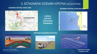 ΣΕΙΣΜΙΚΗ ΕΡΕΥΝΑ ΣΤΗΝ ΞΗΡΑ
ΣΕΙΣΜΙΚΗ ΕΡΕΥΝΑ ΣΤΗΝ ΘΑΛΑΣΣΑ
ΧΑΡΑΞΗ
ΔΙΚΤΥΟΥ
ΣΕΙΣΜΙΚΩΝ
ΓΡΑΜΜΩΝ
ΕΚΤΕΛΕΣΗ ΣΕΙΣΜΙΚΗΣ ΕΡΕΥΝΑΣ
3. ΕΣΤΙΑΣΜΕΝΗ ΣΕΙΣΜΙΚΗ ΕΡΕΥΝΑ (ACQUISITION)
ΠΑΡΟΥΣΙΑΣΗ ΕΛΙΣΜΕ
8 Μαρτίου 2018
Λεόντιος Κ. Πορτοκαλάκης
Τοπογράφος Μηχ. Ε.Μ.Π- M.Sc
 