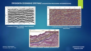 3. ΣΕΣΜΙΚΑ ΣΤΟΙΧΕΙΑ ΥΠΑΙΘΡΟΥ ΜΙΑΣ ΓΡΑΜΜΗΣ
(ACQUISITION)
4. ΕΠΕΞΕΡΓΑΣΘΕΝΤΑ ΣΤΟΙΧΕΙΑ ΣΕΙΣΜΙΚΗΣ ΓΡΑΜΜΗΣ
(PROCESSING)
5. ΕΡΜΗΝΕΙΑ ΣΕΙΣΜΙΚΗΣ ΓΡΑΜΜΗΣ (INTERPRETATION)
ΠΡΟΙΟΝΤΑ ΣΕΙΣΜΙΚΗΣ ΕΡΕΥΝΑΣ (ACQUISITION-PROCESSING-INTERPRETATION)
ΠΑΡΟΥΣΙΑΣΗ ΕΛΙΣΜΕ
8 Μαρτίου 2018
Λεόντιος Κ. Πορτοκαλάκης
Τοπογράφος Μηχ. Ε.Μ.Π- M.Sc
 