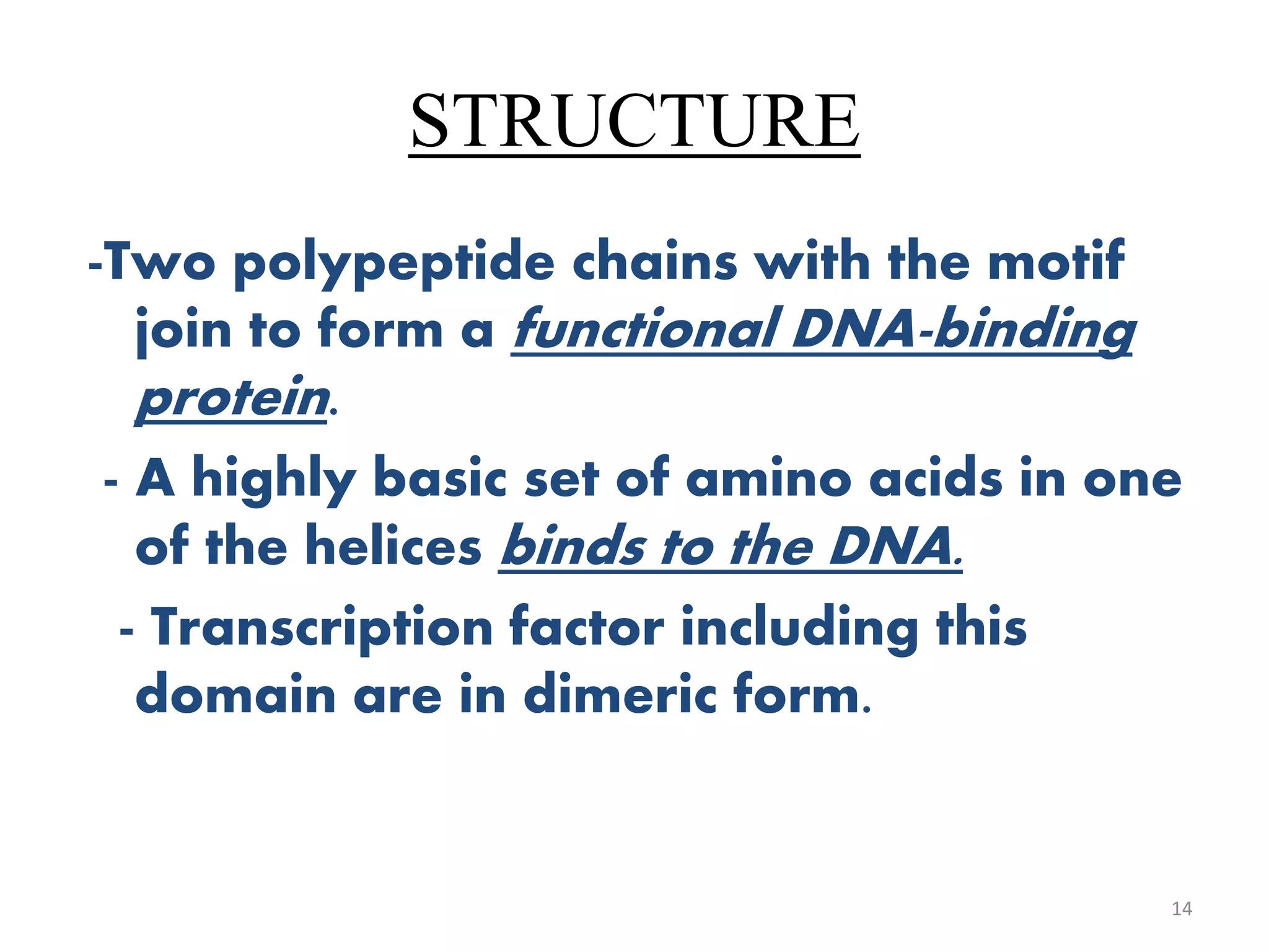 STRUCTURE
-Two polypeptide chains with the motif
join to form a functional DNA-binding
protein.
- A highly basic set of amino acids in one
of the helices binds to the DNA.
- Transcription factor including this
domain are in dimeric form.
14
 