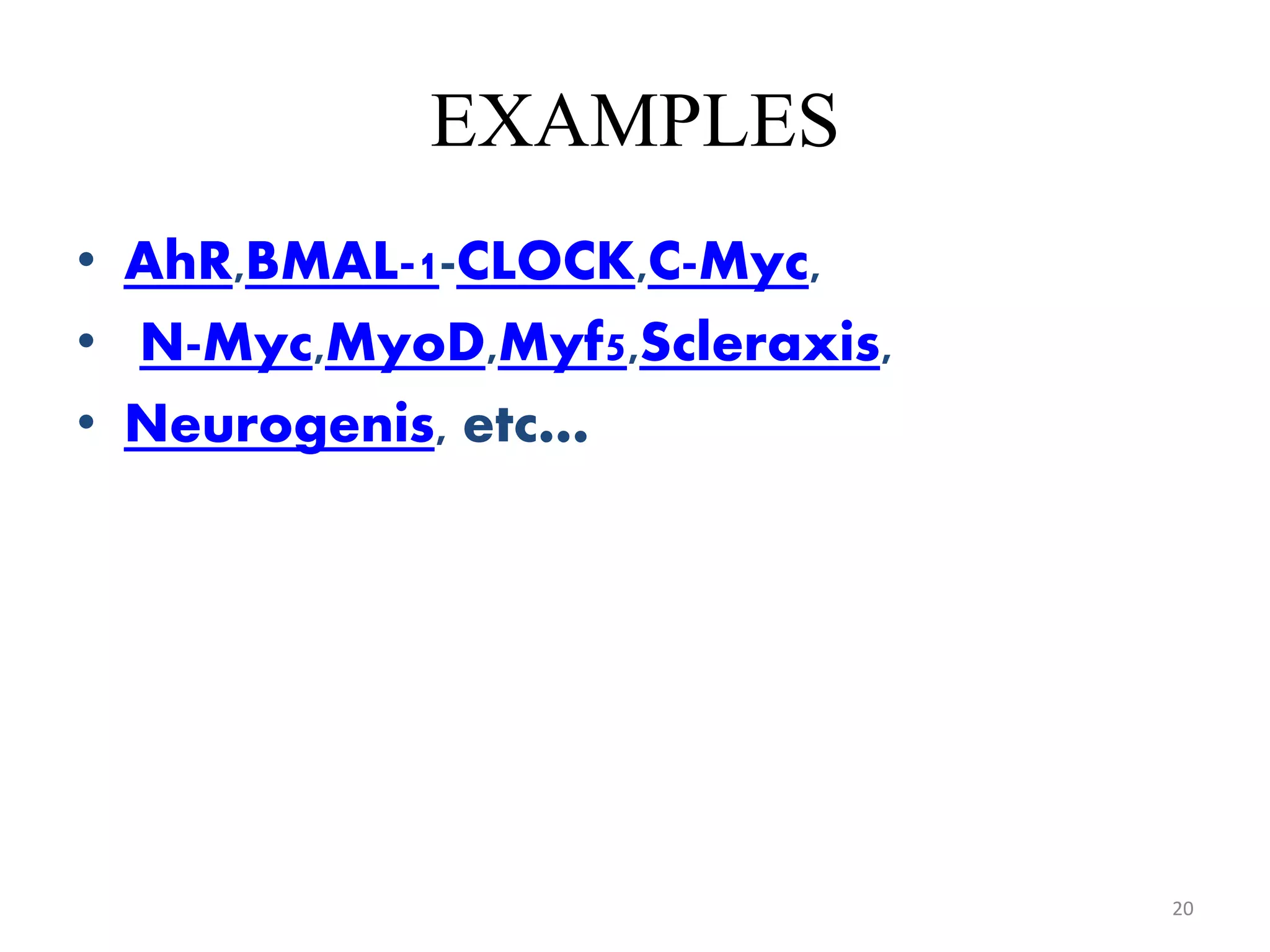 EXAMPLES
• AhR,BMAL-1-CLOCK,C-Myc,
• N-Myc,MyoD,Myf5,Scleraxis,
• Neurogenis, etc…
20
 
