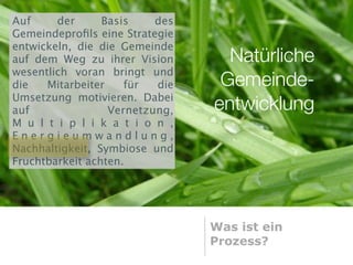Auf     der      Basis    des
Gemeindeproﬁls eine Strategie
entwickeln, die die Gemeinde
auf dem Weg zu ihrer Vision       Natürliche
wesentlich voran bringt und
die   Mitarbeiter    für  die    Gemeinde-
Umsetzung motivieren. Dabei
auf               Vernetzung,   entwicklung
M u l t i p l i k a t i o n ,
Energieumwandlung,
Nachhaltigkeit, Symbiose und
Fruchtbarkeit achten.




                                Was ist ein
                                Prozess?
 