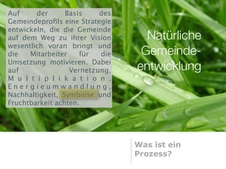 Auf     der      Basis    des
Gemeindeproﬁls eine Strategie
entwickeln, die die Gemeinde
auf dem Weg zu ihrer Vision       Natürliche
wesentlich voran bringt und
die   Mitarbeiter    für  die    Gemeinde-
Umsetzung motivieren. Dabei
auf               Vernetzung,   entwicklung
M u l t i p l i k a t i o n ,
Energieumwandlung,
Nachhaltigkeit, Symbiose und
Fruchtbarkeit achten.




                                Was ist ein
                                Prozess?
 
