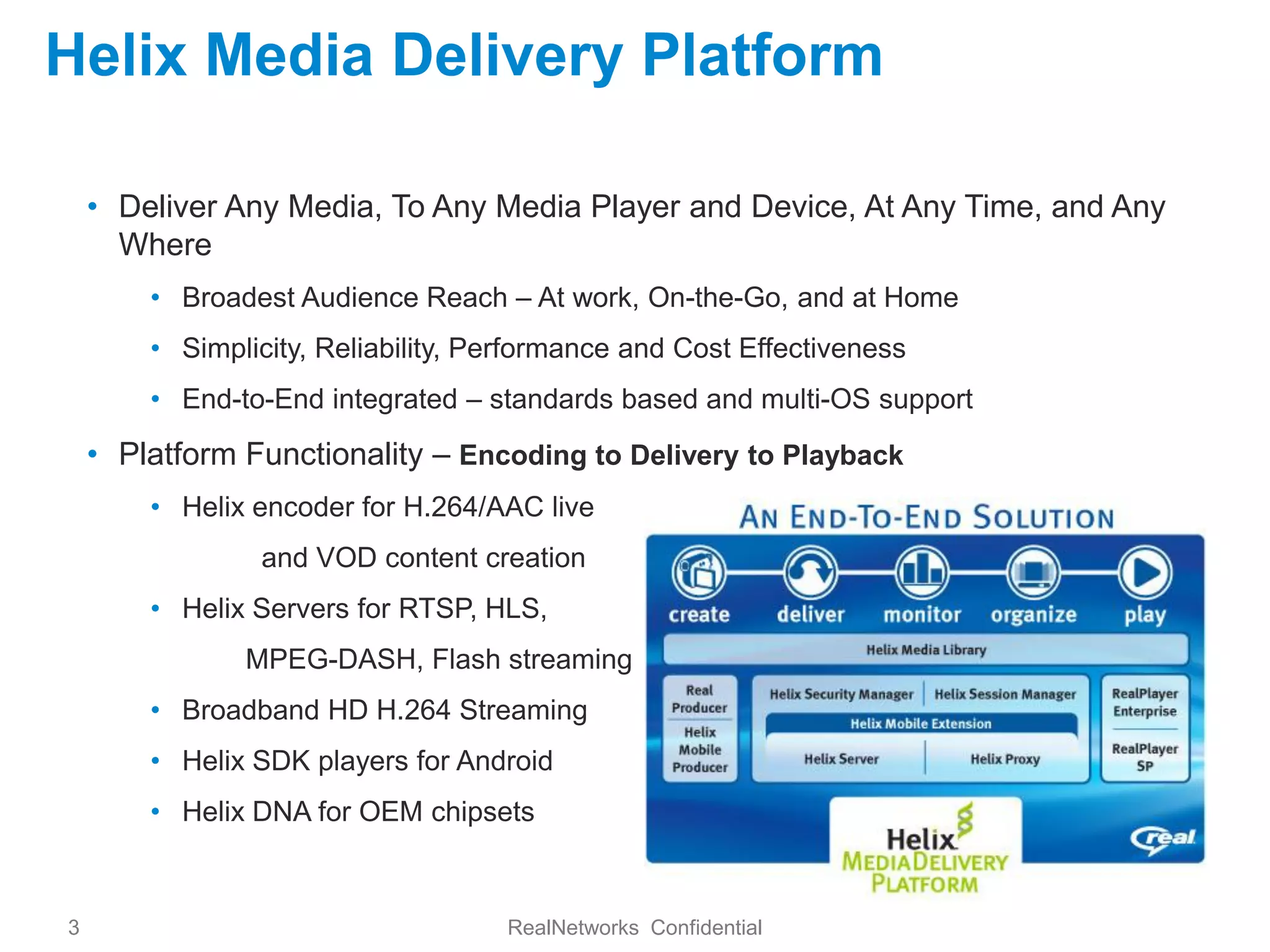 Helix Media Delivery Platform

    • Deliver Any Media, To Any Media Player and Device, At Any Time, and Any
      Where
        • Broadest Audience Reach – At work, On-the-Go, and at Home
        • Simplicity, Reliability, Performance and Cost Effectiveness
        • End-to-End integrated – standards based and multi-OS support

    • Platform Functionality – Encoding to Delivery to Playback
        • Helix encoder for H.264/AAC live
                and VOD content creation
        • Helix Servers for RTSP, HLS,
               MPEG-DASH, Flash streaming
        • Broadband HD H.264 Streaming
        • Helix SDK players for Android
        • Helix DNA for OEM chipsets



3                                   RealNetworks Confidential
 