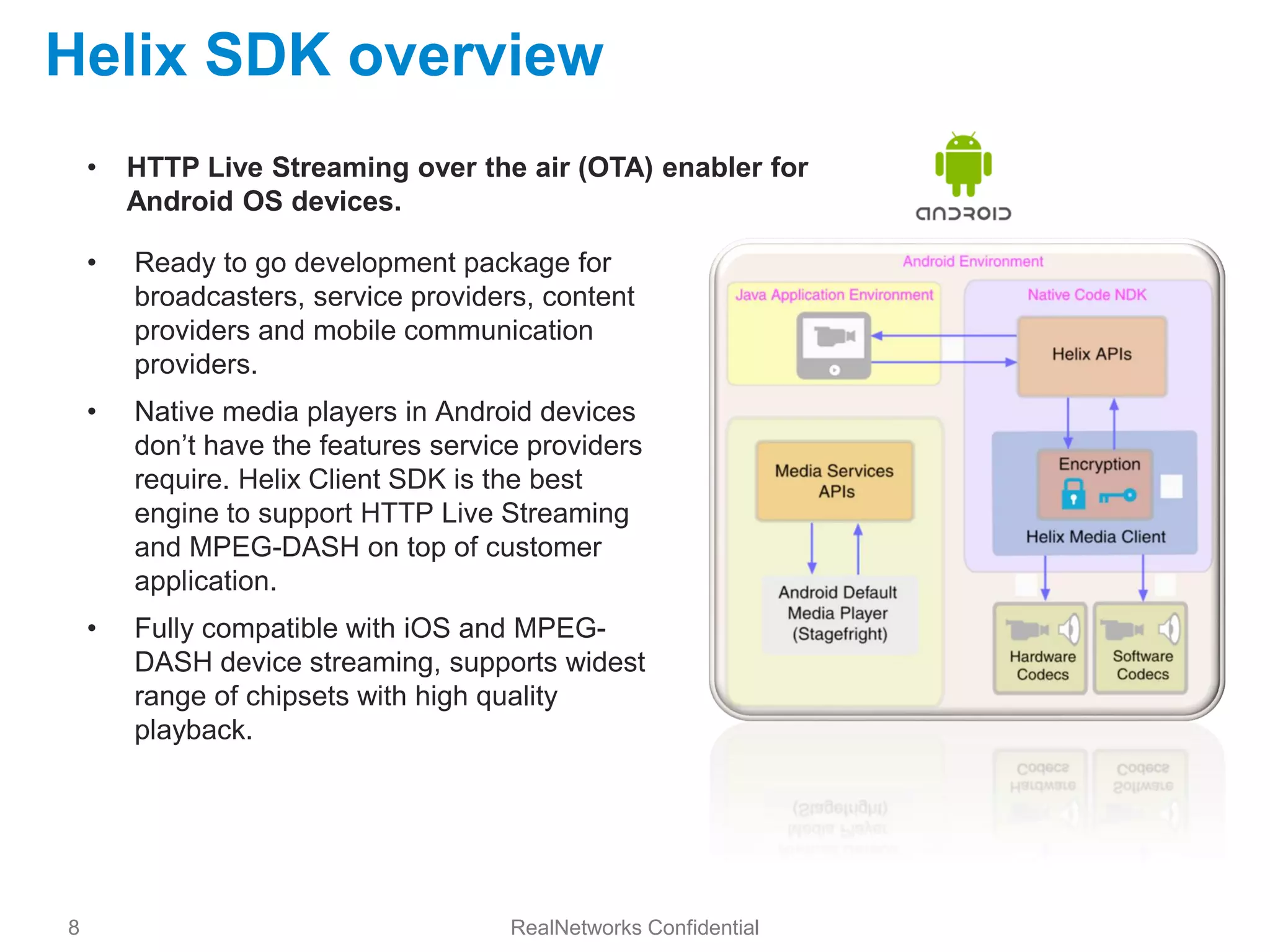 Helix SDK overview
    •   HTTP Live Streaming over the air (OTA) enabler for
        Android OS devices.

    •   Ready to go development package for
        broadcasters, service providers, content
        providers and mobile communication
        providers.
    •   Native media players in Android devices
        don’t have the features service providers
        require. Helix Client SDK is the best
        engine to support HTTP Live Streaming
        and MPEG-DASH on top of customer
        application.
    •   Fully compatible with iOS and MPEG-
        DASH device streaming, supports widest
        range of chipsets with high quality
        playback.




8                                     RealNetworks Confidential
 