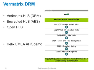 Vermatrix DRM

• Verimatrix HLS (DRM)
• Encrypted HLS (AES)
• Open HLS




• Helix EMEA APK demo




26                  RealNetworks Confidential
 