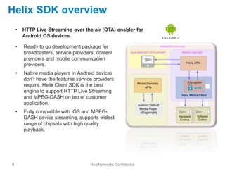 Helix SDK overview
    •   HTTP Live Streaming over the air (OTA) enabler for
        Android OS devices.

    •   Ready to go development package for
        broadcasters, service providers, content
        providers and mobile communication
        providers.
    •   Native media players in Android devices
        don’t have the features service providers
        require. Helix Client SDK is the best
        engine to support HTTP Live Streaming
        and MPEG-DASH on top of customer
        application.
    •   Fully compatible with iOS and MPEG-
        DASH device streaming, supports widest
        range of chipsets with high quality
        playback.




8                                     RealNetworks Confidential
 
