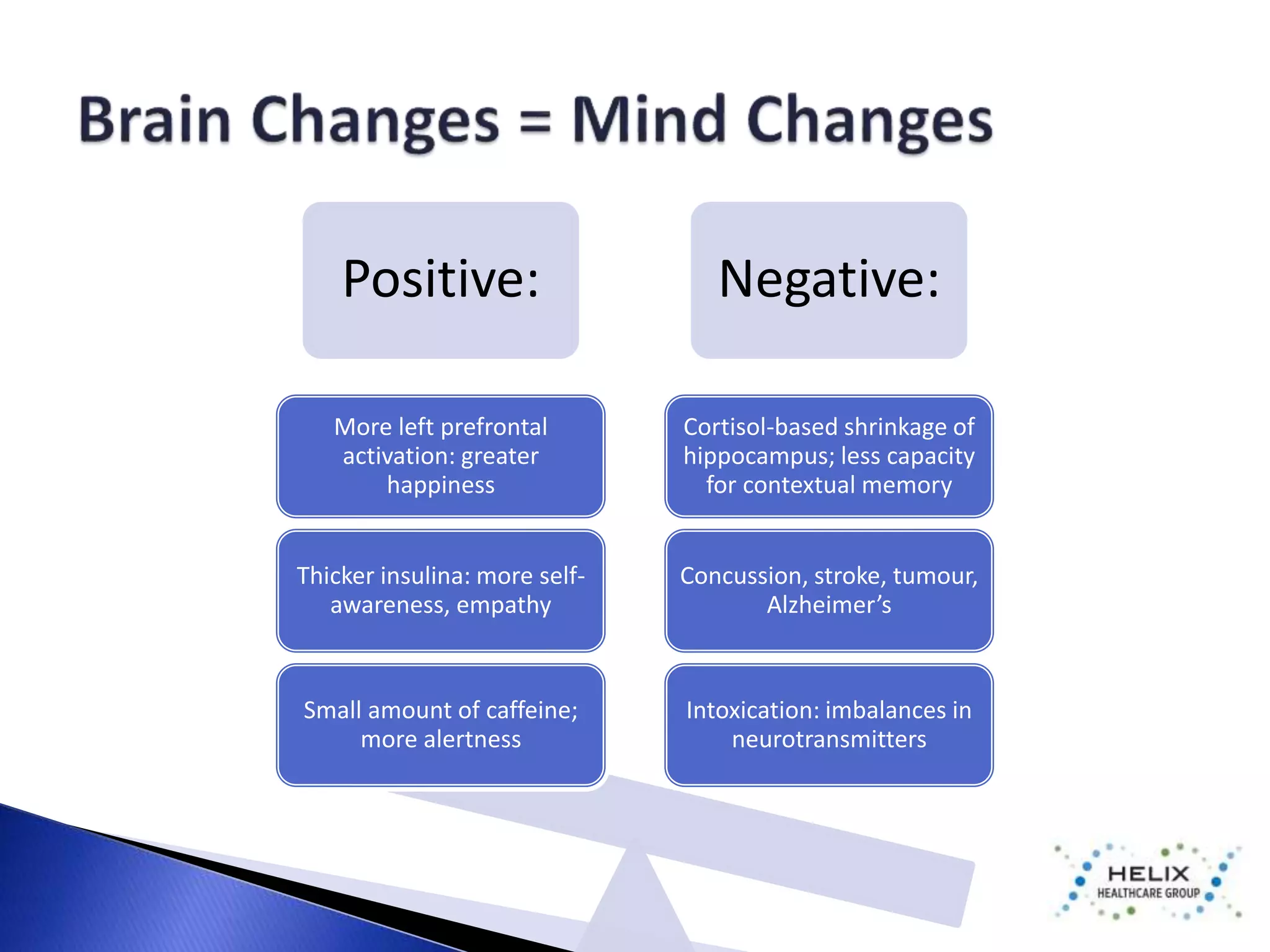 Positive: Negative: 
Cortisol-based shrinkage of 
hippocampus; less capacity 
for contextual memory 
Concussion, stroke, tumour, 
Alzheimer’s 
Intoxication: imbalances in 
neurotransmitters 
More left prefrontal 
activation: greater 
happiness 
Thicker insulina: more self-awareness, 
empathy 
Small amount of caffeine; 
more alertness 
 