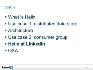 Outline


 What is Helix
 Use case 1: distributed data store
 Architecture
 Use case 2: consumer group
 Helix at LinkedIn
 Q&A


                                       30
 