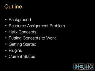 Outline
•
•
•
•
•
•
•

Background
Resource Assignment Problem
Helix Concepts
Putting Concepts to Work
Getting Started
Plugins
Current Status

 