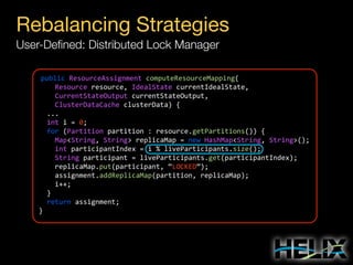 Rebalancing Strategies
User-Deﬁned: Distributed Lock Manager
public	
  ResourceAssignment	
  computeResourceMapping(
	
  	
  	
  	
  Resource	
  resource,	
  IdealState	
  currentIdealState,
	
  	
  	
  	
  CurrentStateOutput	
  currentStateOutput,
	
  	
  	
  	
  ClusterDataCache	
  clusterData)	
  {
	
  	
  ...
	
  	
  int	
  i	
  =	
  0;
	
  	
  for	
  (Partition	
  partition	
  :	
  resource.getPartitions())	
  {
	
  	
  	
  	
  Map<String,	
  String>	
  replicaMap	
  =	
  new	
  HashMap<String,	
  String>();
	
  	
  	
  	
  int	
  participantIndex	
  =	
  i	
  %	
  liveParticipants.size();
	
  	
  	
  	
  String	
  participant	
  =	
  liveParticipants.get(participantIndex);
	
  	
  	
  	
  replicaMap.put(participant,	
  “LOCKED”);
	
  	
  	
  	
  assignment.addReplicaMap(partition,	
  replicaMap);
	
  	
  	
  	
  i++;
	
  	
  }
	
  	
  return	
  assignment;
}

 