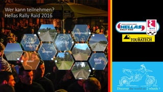 Wer kann teilnehmen?
Hellas Rally Raid 2016
5Discover the world on 2 wheels
Jeder!
Schotter
1-2
Zylinder
Enduro
Offroad
Abenteuer
Motor-
sport
 