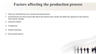 Factors affecting the production process
• These are classified into two; external and internal factors
• External factors are those factors that affects the business from outside and affects the operation of the business.
These factors include;
 Electricity failure-
 Competition
 Natural calamities
 Government policies
 