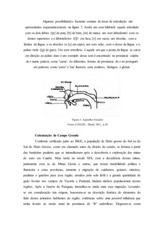 Algumas possibilidades bastante comuns de áreas de articulação são
apresentadas esquematicamente na figura 7. Assim um som bilabialé aquele articulado
com os dois lábios ([p] de pata, [b] de bata, [m] de mata); um som labiodental com os
dentes superiores e o lábioinferior ([f]> em faca, [v] em vaca); um alveolar, com a
lâmina da língua e os alvéolos (o [s] em sapo); um som velar, com o dorso da língua e o
palato mole ([g] de gato). Um som retroflexo é aquele em que a ponta da língua se curva
em direção ao palato duro e um exemplo desse som é encontrado na pronúncia caipira
do r numa palavra como 'carne'. As diferentes formas de pronúncia do r no português
em palavras como 'carro' e 'rua' ilustram sons uvulares, faringais e glotais.
Figura 1: Aparelho Fonador.
Fonte: CALLOU, Dinah, 2011, p.24.
Colonização de Campo Grande
Conforme verificado junto ao IBGE, a população de Mato grosso do Sul ou do
Sul do Mato Grosso, como era chamado antes da divisão do estado, se formou a partir
das bandeiras paulistas que se intensificaram após a descoberta e exploração das minas
de ouro em Cuiabá. Mais tarde no século XIX, com a decadência dessas minas,
juntamente com as de Minas Gerais e outras, que trouxe instabilidade política e
financeira a estas províncias, aumenta a migração de cuiabanos, goianos, mineiros,
paulistas e gaúchos para essa região, atraídos pelo solo fértil e a grande quantidade de
gado bovino nos campos de Vacaria e Pantanal, fundam núcleos populacionais nessas
regiões. Após a Guerra do Paraguai, intensifica-se ainda mais essa migração. Levando-
se em consideração tais origens, buscaram-se na descrição fonética de elementos do
falar destes primeiros habitantes da região, evidências sobre uma possível influência que
tenha levado ao modo atual de pronúncia do “R” androflexo. Elegeram-se como
 
