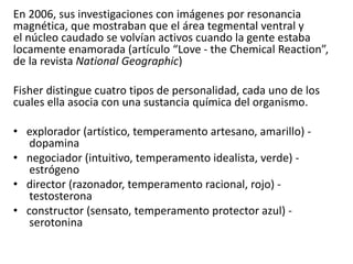 En 2006, sus investigaciones con imágenes por resonancia
magnética, que mostraban que el área tegmental ventral y
el núcleo caudado se volvían activos cuando la gente estaba
locamente enamorada (artículo “Love - the Chemical Reaction”,
de la revista National Geographic)
Fisher distingue cuatro tipos de personalidad, cada uno de los
cuales ella asocia con una sustancia química del organismo.
• explorador (artístico, temperamento artesano, amarillo) -
dopamina
• negociador (intuitivo, temperamento idealista, verde) -
estrógeno
• director (razonador, temperamento racional, rojo) -
testosterona
• constructor (sensato, temperamento protector azul) -
serotonina
 