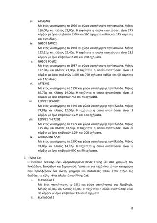 11
iii. ΑΡΙΑΔΝΗ
Με έτος ναυπήγησης το 1996 και χώρα ναυπήγησης την Ιαπωνία. Μήκος
196,00μ και πλάτος 27,00μ. Η ταχύτητα η οποία αναπτύσσει είναι 27,5
κόμβοι με όριο επιβατών 2.045 και 560 οχήματα καθώς και 145 καμπίνες
και 459 κλίνες.
iv. ΝΗΣΟΣ ΣΑΜΟΣ
Με έτος ναυπήγησης το 1988 και χώρα ναυπήγησης την Ιαπωνία. Μήκος
192,91μ και πλάτος 29,40μ. Η ταχύτητα η οποία αναπτύσσει είναι 21,5
κόμβοι με όριο επιβατών 2.200 και 700 οχήματα.
v. ΝΗΣΟΣ ΡΟΔΟΣ
Με έτος ναυπήγησης το 1987 και χώρα ναυπήγησης την Ιαπωνία. Μήκος
192,50μ και πλάτος 27,00μ. Η ταχύτητα η οποία αναπτύσσει είναι 23
κόμβοι με όριο επιβατών 1.600 και 760 οχήματα καθώς και 60 καμπίνες
και 172 κλίνες.
vi. ΑΡΤΕΜΙΣ
Με έτος ναυπήγησης το 1997 και χώρα ναυπήγησης την Ελλάδα. Μήκος
89,76μ και πλάτος 14,00μ. Η ταχύτητα η οποία αναπτύσσει είναι 18
κόμβοι με όριο επιβατών 748 και 74 οχήματα.
vii. ΕΞΠΡΕΣ ΣΚΙΑΘΟΣ
Με έτος ναυπήγησης το 1996 και χώρα ναυπήγησης την Ελλάδα. Μήκος
77,87μ και πλάτος 22,00μ. Η ταχύτητα η οποία αναπτύσσει είναι 19
κόμβοι με όριο επιβατών 1.225 και 184 οχήματα.
viii. ΕΞΠΡΕΣ ΠΗΓΑΣΟΣ
Με έτος ναυπήγησης το 1977 και χώρα ναυπήγησης την Ελλάδα. Μήκος
125,70μ και πλάτος 18,50μ. Η ταχύτητα η οποία αναπτύσσει είναι 20
κόμβοι με όριο επιβατών 1.294 και 200 οχήματα.
ix. ΑΠΟΛΛΩΝ ΕΛΛΑΣ
Με έτος ναυπήγησης το 1990 και χώρα ναυπήγησης την Ελλάδα. Μήκος
91,80μ και πλάτος 14,52μ. Η ταχύτητα η οποία αναπτύσσει είναι 16
κόμβοι με όριο επιβατών 890 και 98 οχήματα.
3) Flying Cat
Η Hellenic Seaways έχει δρομολογημένα πέντε Flying Cat στις γραμμές των
Κυκλάδων, Σποράδων και Σαρωνικού. Πρόκειται για ταχύπλοα τύπου καταμαράν
που προσφέρουν ένα άνετο, γρήγορο και πολυτελές ταξίδι. Στον στόλο της
διαθέτει τα εξής πέντε πλοία τύπου Flying Cat:
i. FLYINGCAT 1
Με έτος ναυπήγησης το 1991 και χώρα ναυπήγησης την Νορβηγία.
Μήκος 40,00μ και πλάτος 10,10μ. Η ταχύτητα η οποία αναπτύσσει είναι
30 κόμβοι με όριο επιβατών 336 και 0 οχήματα.
ii. FLYINGCAT 3
 