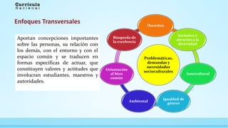 Problemáticas,
demandas y
necesidades
socioculturales
Derechos
Inclusivo o
atención a la
diversidad
Intercultural
Igualdad de
género
Ambiental
Orientación
al bien
común
Búsqueda de
la excelencia
Enfoques Transversales
Aportan concepciones importantes
sobre las personas, su relación con
los demás, con el entorno y con el
espacio común y se traducen en
formas específicas de actuar, que
constituyen valores y actitudes que
involucran estudiantes, maestros y
autoridades.
 