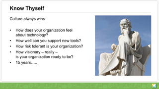 Know Thyself
Culture always wins
• How does your organization feel
about technology?
• How well can you support new tools?
• How risk tolerant is your organization?
• How visionary – really –
is your organization ready to be?
• 15 years…..
 