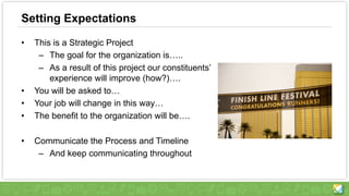 Setting Expectations
• This is a Strategic Project
– The goal for the organization is…..
– As a result of this project our constituents’
experience will improve (how?)….
• You will be asked to…
• Your job will change in this way…
• The benefit to the organization will be….
• Communicate the Process and Timeline
– And keep communicating throughout
 