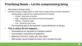 Prioritizing Needs – Let the compromising being
• Align Needs to Strategic Goals….
• Consider a rating or weight system or other ways to assign points to identify importance.
– Identify/assign a rating for the need/requirement for example:
• Critical – Must have to function
• High – Needed for day-to-day functions and processes
• Medium – Would be useful
• Low – Would be nice to have
– Not everything gets to be important! (equal distribution of ratings)
• This is where the Art happens….
– Remembering our big goals for changing systems
– Conversation, compromise & leadership
– Balancing “front-line” needs with “back office”
– Start simple, accommodate the future, don’t recreate the past
 