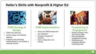 CRM Strategy &
Design
• CRM vision planning
• System design and software
selection
• Analyzing and optimizing
existing systems, and building a
roadmap forward
CRM Implementation
• Advanced CRM development
and integration
• Change management
solutions
• Team configuration and
training
Fundraising &
Engagement
• Aligning strategy, team,
and mission goals
• Planning effective
engagement strategy
• Developing and
integrating effective
fundraising tools
Heller’s Skills with Nonprofit & Higher Ed
 