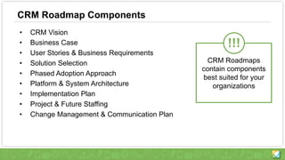 CRM Roadmap Components
• CRM Vision
• Business Case
• User Stories & Business Requirements
• Solution Selection
• Phased Adoption Approach
• Platform & System Architecture
• Implementation Plan
• Project & Future Staffing
• Change Management & Communication Plan
CRM Roadmaps
contain components
best suited for your
organizations
!!!
 