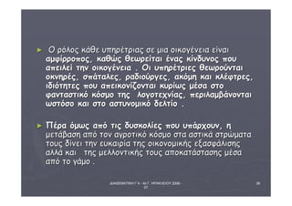 ΔΙΑΘΕΜΑΤΙΚΗ Γ΄4 - 4ο Γ. ΗΡΑΚΛΕΙΟΥ 2006 - 
07 
28 
► ΟΟ ρρόόλλοοςς κκάάθθεε υυππηηρρέέττρριιααςς σσεε μμιιαα οοιικκοογγέέννεειιαα εείίννααιι 
ααμμφφίίρρρροοπποοςς,, κκααθθώώςς θθεεωωρρεείίττααιι έέννααςς κκίίννδδυυννοοςς πποουυ 
ααππεειιλλεείί ττηηνν οοιικκοογγέέννεειιαα .. ΟΟιι υυππηηρρέέττρριιεεςς θθεεωωρροούύννττααιι 
οοκκννηηρρέέςς,, σσππάάττααλλεεςς,, ρρααδδιιοούύρργγεεςς,, αακκόόμμηη κκααιι κκλλέέφφττρρεεςς,, 
ιιδδιιόόττηηττεεςς πποουυ ααππεειικκοοννίίζζοοννττααιι κκυυρρίίωωςς μμέέσσαα σσττοο 
φφαανντταασσττιικκόό κκόόσσμμοο ττηηςς λλοογγοοττεεχχννίίααςς,, ππεερριιλλααμμββάάννοοννττααιι 
ωωσσττόόσσοο κκααιι σσττοο αασσττυυννοομμιικκόό δδεελλττίίοο .. 
► ΠΠέέρραα όόμμωωςς ααππόό ττιιςς δδυυσσκκοολλίίεεςς πποουυ υυππάάρρχχοουυνν,, ηη 
μμεεττάάββαασσηη ααππόό ττοονν ααγγρροοττιικκόό κκόόσσμμοο σστταα αασσττιικκάά σσττρρώώμμαατταα 
ττοουυςς δδίίννεειι ττηηνν εευυκκααιιρρίίαα ττηηςς οοιικκοοννοομμιικκήήςς εεξξαασσφφάάλλιισσηηςς 
ααλλλλάά κκααιι ττηηςς μμεελλλλοοννττιικκήήςς ττοουυςς ααπποοκκααττάάσστταασσηηςς μμέέσσαα 
ααππόό ττοο γγάάμμοο .. 
 