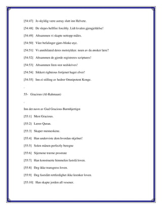 [54:47] Jo skyldig være astray slutt inn Helvete.
[54:48] De slepes hellfire forcibly. Lidt kvalen gjengjeldelse!
[54:49] Altsammen vi skapte nettopp måles.
[54:50] Våre befalinger gjørs blinke øye.
[54:51] Vi annihilated deres motstykker. noen av du ønsker lære?
[54:52] Altsammen de gjorde registreres scriptures!
[54:53] Altsammen liten stor nedskrives!
[54:54] Sikkert righteous fortjenet hager elver!
[54:55] Inn ei stilling av hedrer Omnipotent Konge.
.
55- Gracious (Al-Rahmaan)
.
Inn det navn av Gud Gracious Barmhjertigst
[55:1] Mest Gracious.
[55:2] Lærer Quran.
[55:3] Skaper menneskene.
[55:4] Han underviste dem hvordan skjelnet!
[55:5] Solen månen perfectly beregne
[55:6] Stjernene trærne prostrate
[55:7] Han konstruerte himmelen fastslå loven.
[55:8] Deg ikke transgress loven.
[55:9] Deg fastslått rettferdighet ikke krenker loven.
[55:10] Han skapte jorden all vesener.
 