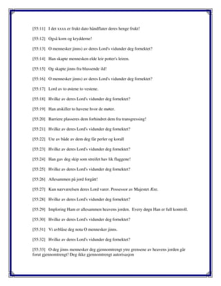 [55:11] I det xxxx er frukt dato håndflater deres henge frukt!
[55:12] Også korn og krydderne!
[55:13] O mennesker jinns) av deres Lord's vidunder deg fornektet?
[55:14] Han skapte mennesken elde leir potter's leiren.
[55:15] Og skapte jinns fra blussende ild!
[55:16] O mennesker jinns) av deres Lord's vidunder deg fornektet?
[55:17] Lord av to østene to vestene.
[55:18] Hvilke av deres Lord's vidunder deg fornektet?
[55:19] Han atskiller to havene hvor de møter.
[55:20] Barriere plasseres dem forhindret dem fra transgressing!
[55:21] Hvilke av deres Lord's vidunder deg fornektet?
[55:22] Ute av både av dem deg får perler og korall
[55:23] Hvilke av deres Lord's vidunder deg fornektet?
[55:24] Han gav deg skip som streifet hav lik flaggene!
[55:25] Hvilke av deres Lord's vidunder deg fornektet?
[55:26] Allesammen på jord forgått!
[55:27] Kun nærværelsen deres Lord varer. Possessor av Majestet Ære.
[55:28] Hvilke av deres Lord's vidunder deg fornektet?
[55:29] Imploring Ham er allesammen heavens jorden. Every døgn Han er full kontroll.
[55:30] Hvilke av deres Lord's vidunder deg fornektet?
[55:31] Vi avblåse deg nota O mennesker jinns.
[55:32] Hvilke av deres Lord's vidunder deg fornektet?
[55:33] O deg jinns mennesker deg gjennomtrengt ytre grensene av heavens jorden går
forut gjennomtrengt! Deg ikke gjennomtrengt autorisasjon
 