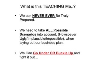 What is this TEACHING Me..?
? We can NEVER EVER Be Truly
Prepared.
? We need to take ALL Possible
Scenarios into account, (Howsoever
Ugly/Implausible/Impossible), when
laying out our business plan.
? We Can Go Under OR Buckle Up and
fight it out
 