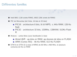 9 / 47
Diﬀérentes familles
Intel 8051 (128 octets RAM), 8502 (256 octets de RAM)
PIC de Microchip (de 8 bits, 16 bits et 3...