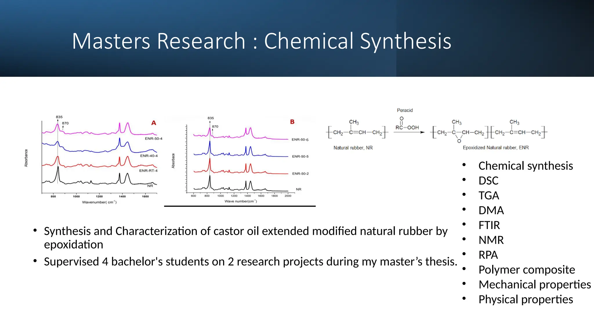 Masters Research : Chemical Synthesis
• Synthesis and Characterization of castor oil extended modified natural rubber by
epoxidation
• Supervised 4 bachelor's students on 2 research projects during my master’s thesis.
• Chemical synthesis
• DSC
• TGA
• DMA
• FTIR
• NMR
• RPA
• Polymer composite
• Mechanical properties
• Physical properties
 