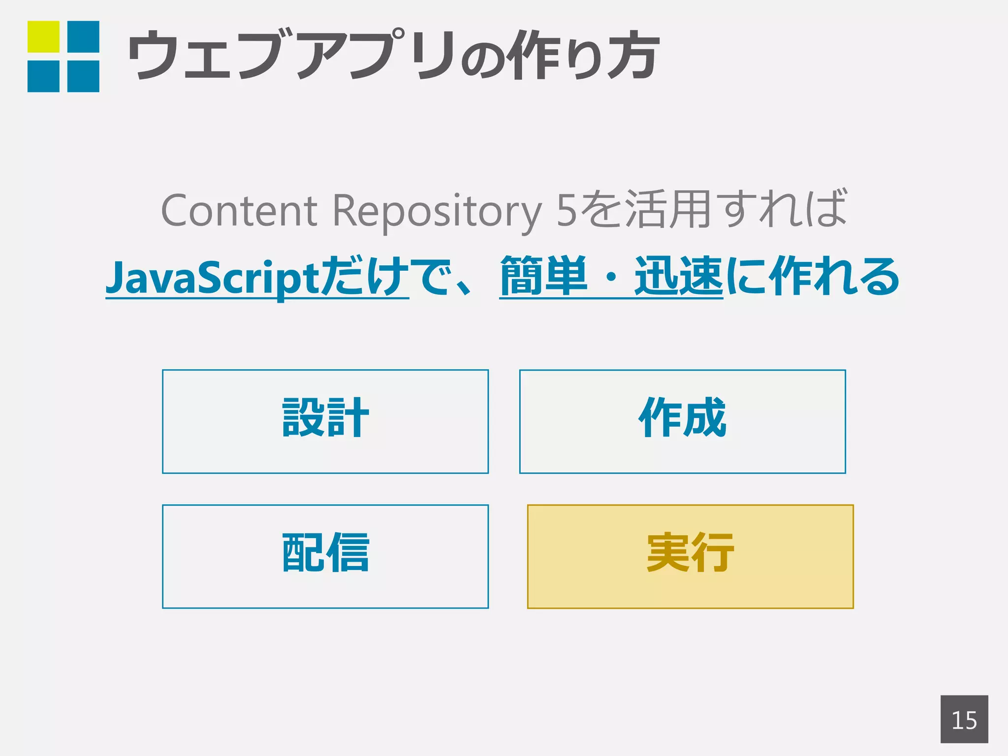 ウェブアプリの作り方 
15 
Content Repository 5を活用すれば 
JavaScriptだけで、簡単・迅速に作れる 
設計 作成 
実行 
配信 
 