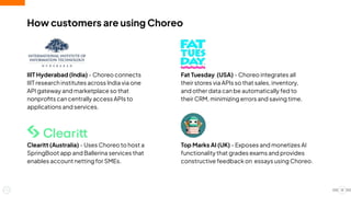 13
How customers are using Choreo
IIIT Hyderabad (India) - Choreo connects
IIIT research institutes across India via one
API gateway and marketplace so that
nonproﬁts can centrally access APIs to
applications and services.
Clearitt (Australia) - Uses Choreo to host a
SpringBoot app and Ballerina services that
enables account netting for SMEs.
Fat Tuesday (USA) - Choreo integrates all
their stores via APIs so that sales, inventory,
and other data can be automatically fed to
their CRM, minimizing errors and saving time.
Top Marks AI (UK) - Exposes and monetizes AI
functionality that grades exams and provides
constructive feedback on essays using Choreo.
 
