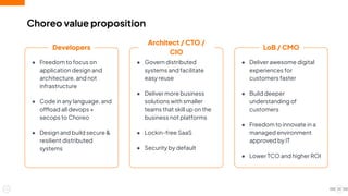 ● Deliver awesome digital
experiences for
customers faster
● Build deeper
understanding of
customers
● Freedom to innovate in a
managed environment
approved by IT
● Lower TCO and higher ROI
LoB / CMO
● Freedom to focus on
application design and
architecture, and not
infrastructure
● Code in any language, and
offload all devops +
secops to Choreo
● Design and build secure &
resilient distributed
systems
22
Choreo value proposition
Developers
● Govern distributed
systems and facilitate
easy reuse
● Deliver more business
solutions with smaller
teams that skill up on the
business not platforms
● Lockin-free SaaS
● Security by default
Architect / CTO /
CIO
 