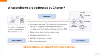 4
● Runtime architecture, CICD, DevOps, Environments,
SecOps, Conﬁguration Management, Version
management, Testing, Observability, Analytics, SRE,
● Code writing also needs access to reuse
● DevOps goes to Canary etc.
● Self Service and policy-driven
● Zero Trust environment
Choreo Internal Developer Platform as a Service.
Developer GitHub
Digital
Experience
B2B
Employee
Consumer
Customer
What problems are addressed by Choreo ?
You write code. You want
to get it to the hands of
the customer ASAP.
Value creation Consumption
Pain points
 