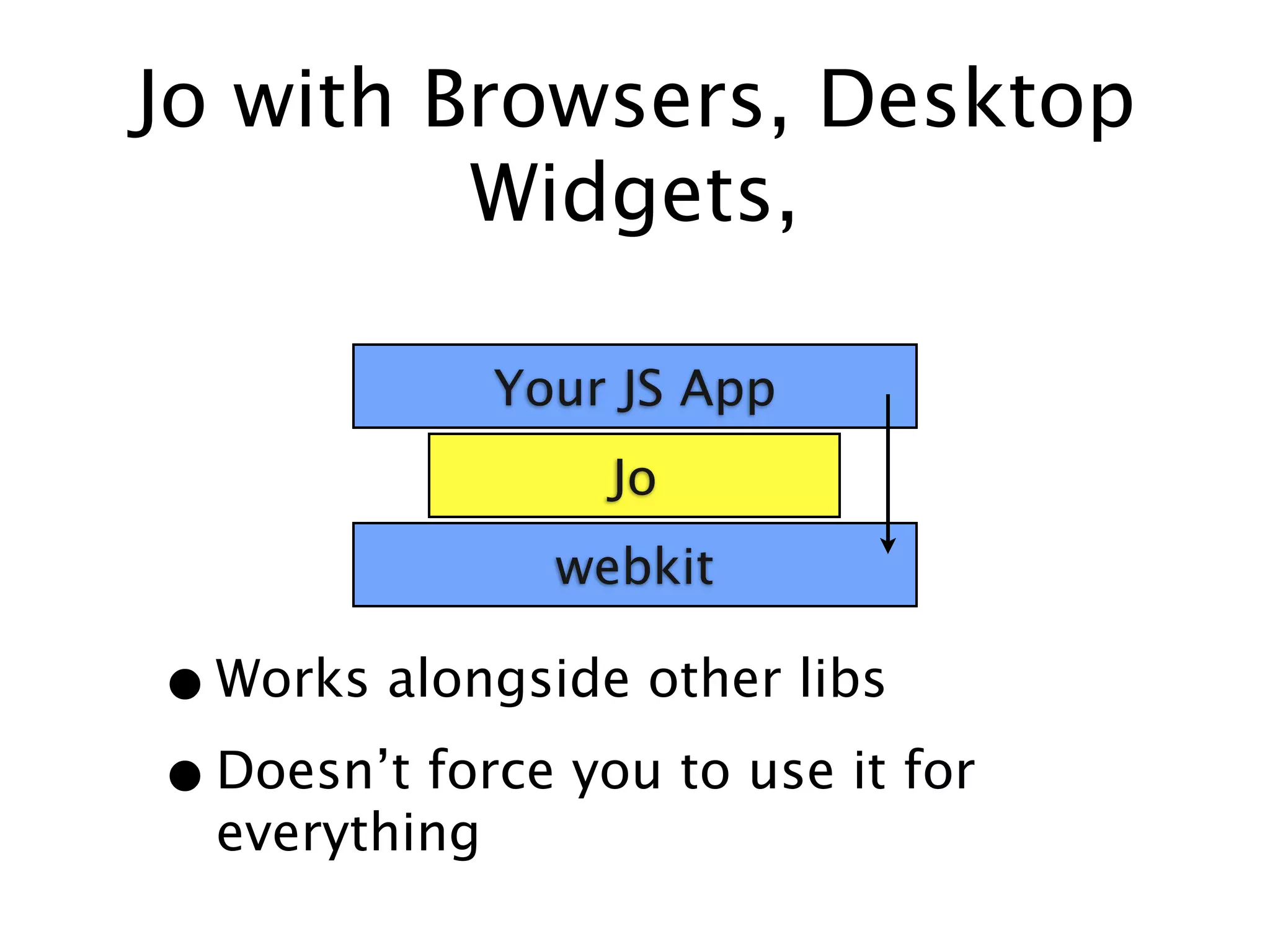 Jo with Browsers, Desktop
         Widgets,

               Your JS App
                   Jo
                 webkit

• Works alongside other libs
• Doesn’t force you to use it for
  everything
 