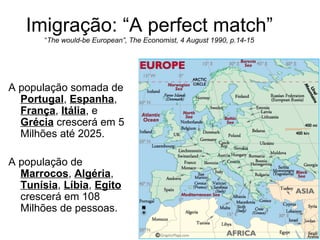 Imigração: “A perfect match” “ The would-be European”, The Economist, 4 August 1990, p.14-15 A população somada de  Portugal ,  Espanha ,  França ,  Itália , e  Grécia  crescerá em 5 Milhões até 2025.  A população de  Marrocos ,  Algéria ,  Tunísia ,  Líbia ,  Egito  crescerá em 108 Milhões de pessoas.  