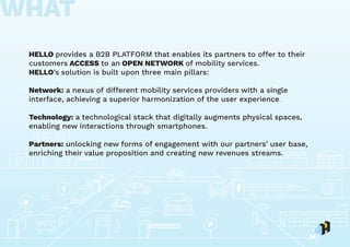 WHAT
B
T
M
P
HELLO provides a B2B PLATFORM that enables its partners to offer to their
customers ACCESS to an OPEN NETWORK of mobility services.
HELLO’s solution is built upon three main pillars:
Network: a nexus of different mobility services providers with a single
interface, achieving a superior harmonization of the user experience.
Technology: a technological stack that digitally augments physical spaces,
enabling new interactions through smartphones.
Partners: unlocking new forms of engagement with our partners’ user base,
enriching their value proposition and creating new revenues streams.
 