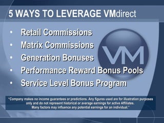 5 WAYS TO LEVERAGE VM direct ,[object Object],[object Object],[object Object],[object Object],[object Object],“ Company makes no income guarantees or predictions. Any figures used are for illustration purposes only and do not represent historical or average earnings for active Affiliates.  Many factors may influence any potential earnings for an individual.” 