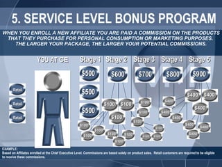 5. SERVICE LEVEL BONUS PROGRAM Stage 1 Stage 2 Stage 5 EXAMPLE:  Based on Affiliates enrolled at the Chief Executive Level. Commissions are based solely on product sales.  Retail customers are required to be eligible to receive these commissions. Stage 4 Stage 3 WHEN YOU ENROLL A NEW AFFILIATE YOU ARE PAID A COMMISSION ON THE PRODUCTS THAT THEY PURCHASE FOR PERSONAL CONSUMPTION OR MARKETING PURPOSES.  THE LARGER YOUR PACKAGE, THE LARGER YOUR POTENTIAL COMMISSIONS. YOU AT  CE $500 Retail Retail Retail $700 $800 $500 $500 $100 $100 $100 $100 $100 $100 $100 $100 $600 $100 $400 $900 $100 $100 $100 $100 $100 $100 $400 $400 $400 $400 $400 $400 $400 $400 