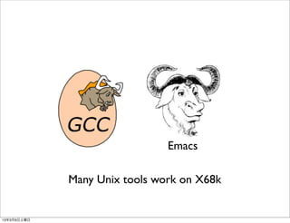 Emacs

             Many Unix tools work on X68k


13年3月9日土曜日
 