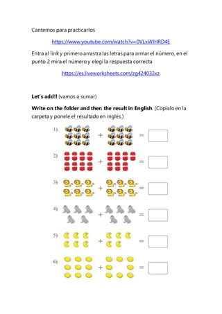 Cantemos para practicarlos
https://www.youtube.com/watch?v=0VLxWIHRD4E
Entra al link y primero arrastra las letras para ar...