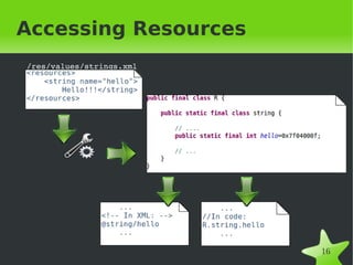 Accessing Resources
/res/values/strings.xml




                           
                              16
 