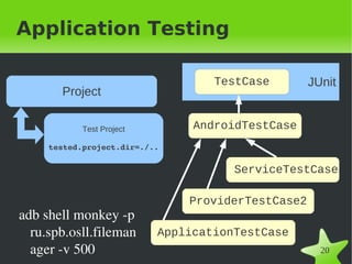 Application Testing

                                      TestCase         JUnit
       Project

            Test Project           AndroidTestCase
     tested.project.dir=./..

                                         ServiceTestCase

                                   ProviderTestCase2
adb shell monkey ­p 
  ru.spb.osll.fileman      ApplicationTestCase
  ager ­v 500                   
                                                         20
 
