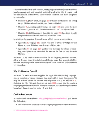 W HAT ’ S N EW FOR D ONUT ?   13


To accommodate the new version, every page and example in this book
has been reviewed and updated so it will work with 1.5. If you’ve read
the ﬁrst edition of this book, then be sure to check out these chapters
in particular:
     • Chapter 1, Quick Start, on page 16 includes instructions on using
       target SDKs and Android Virtual Devices (AVDs).
     • Chapter 8, Locating and Sensing, on page 155 now uses the new
       SensorManager APIs and the new setBuiltInZoomControls( ) method.

     • Chapter 10, 3D Graphics in OpenGL, on page 191 has been greatly
       simpliﬁed thanks to the new GLSurfaceView class.
In addition, by popular demand we’ve added two new appendixes:
     • Appendix B, on page 217 shows you how to create a Widget for the
       Home screen. This is a new feature of Cupcake.
     • Appendix C, on page 227 guides you through the steps of mak-
       ing your application available for sale or for free on the Android
       Market.
Android 1.5 (or later) is now available for all shipping Android devices.
All new devices have it installed, and Google says that almost all older
devices have upgraded. This edition of the book does not cover version
1.1 or earlier.


What’s New for Donut?
Android 1.6 (Donut) added support for high- and low-density displays,
plus a number of minor changes that don’t affect most developers.2 It
may be a while before all devices are upgraded to 1.6, so Section C.1,
Building for 1.5, 1.6, and Beyond, on page 228 covers how to create a
single program that supports multiple versions. All the examples in this
book have been tested on both 1.5 and 1.6.


Online Resources
At the website for this book, http://pragprog.com/titles/eband2, you’ll ﬁnd
the following:
     • The full source code for all the sample programs used in this book


2.   http://d.android.com/sdk/api_diff/4/changes.html
 