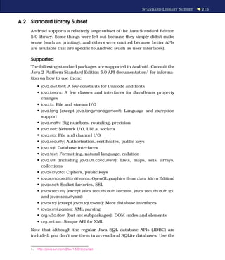 S TANDARD L IBRARY S UBSET   215


A.2 Standard Library Subset
    Android supports a relatively large subset of the Java Standard Edition
    5.0 library. Some things were left out because they simply didn’t make
    sense (such as printing), and others were omitted because better APIs
    are available that are speciﬁc to Android (such as user interfaces).

    Supported
    The following standard packages are supported in Android. Consult the
    Java 2 Platform Standard Edition 5.0 API documentation1 for informa-
    tion on how to use them:
         • java.awt.font: A few constants for Unicode and fonts
         • java.beans: A few classes and interfaces for JavaBeans property
           changes
         • java.io: File and stream I/O
         • java.lang (except java.lang.management): Language and exception
           support
         • java.math: Big numbers, rounding, precision
         • java.net: Network I/O, URLs, sockets
         • java.nio: File and channel I/O
         • java.security: Authorization, certiﬁcates, public keys
         • java.sql: Database interfaces
         • java.text: Formatting, natural language, collation
         • java.util (including java.util.concurrent): Lists, maps, sets, arrays,
           collections
         • javax.crypto: Ciphers, public keys
         • javax.microedition.khronos: OpenGL graphics (from Java Micro Edition)
         • javax.net: Socket factories, SSL
         • javax.security (except javax.security.auth.kerberos, javax.security.auth.spi,
           and javax.security.sasl)
         • javax.sql (except javax.sql.rowset): More database interfaces
         • javax.xml.parsers: XML parsing
         • org.w3c.dom (but not subpackages): DOM nodes and elements
         • org.xml.sax: Simple API for XML
    Note that although the regular Java SQL database APIs (JDBC) are
    included, you don’t use them to access local SQLite databases. Use the


    1.   http://java.sun.com/j2se/1.5.0/docs/api
 