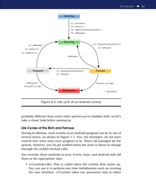 I T ’ S A LIVE !   34




              Figure 2.3: Life cycle of an Android activity



probably different from every other system you’re familiar with, so let’s
take a closer look before moving on.

Life Cycles of the Rich and Famous
During its lifetime, each activity of an Android program can be in one of
several states, as shown in Figure 2.3. You, the developer, do not have
control over what state your program is in. That’s all managed by the
system. However, you do get notiﬁed when the state is about to change
through the onXX () method calls.
You override these methods in your Activity class, and Android will call
them at the appropriate time:
   • onCreate(Bundle): This is called when the activity ﬁrst starts up.
     You can use it to perform one-time initialization such as creating
     the user interface. onCreate( ) takes one parameter that is either
 